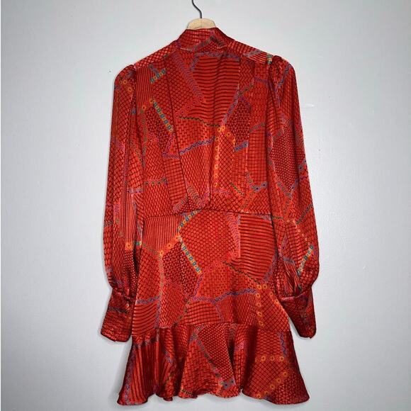 Alexis Lishan Red Fire Print Tie Neck Puff Sleeve Ruffle Hem Mini Dress XS - Picture 7 of 8